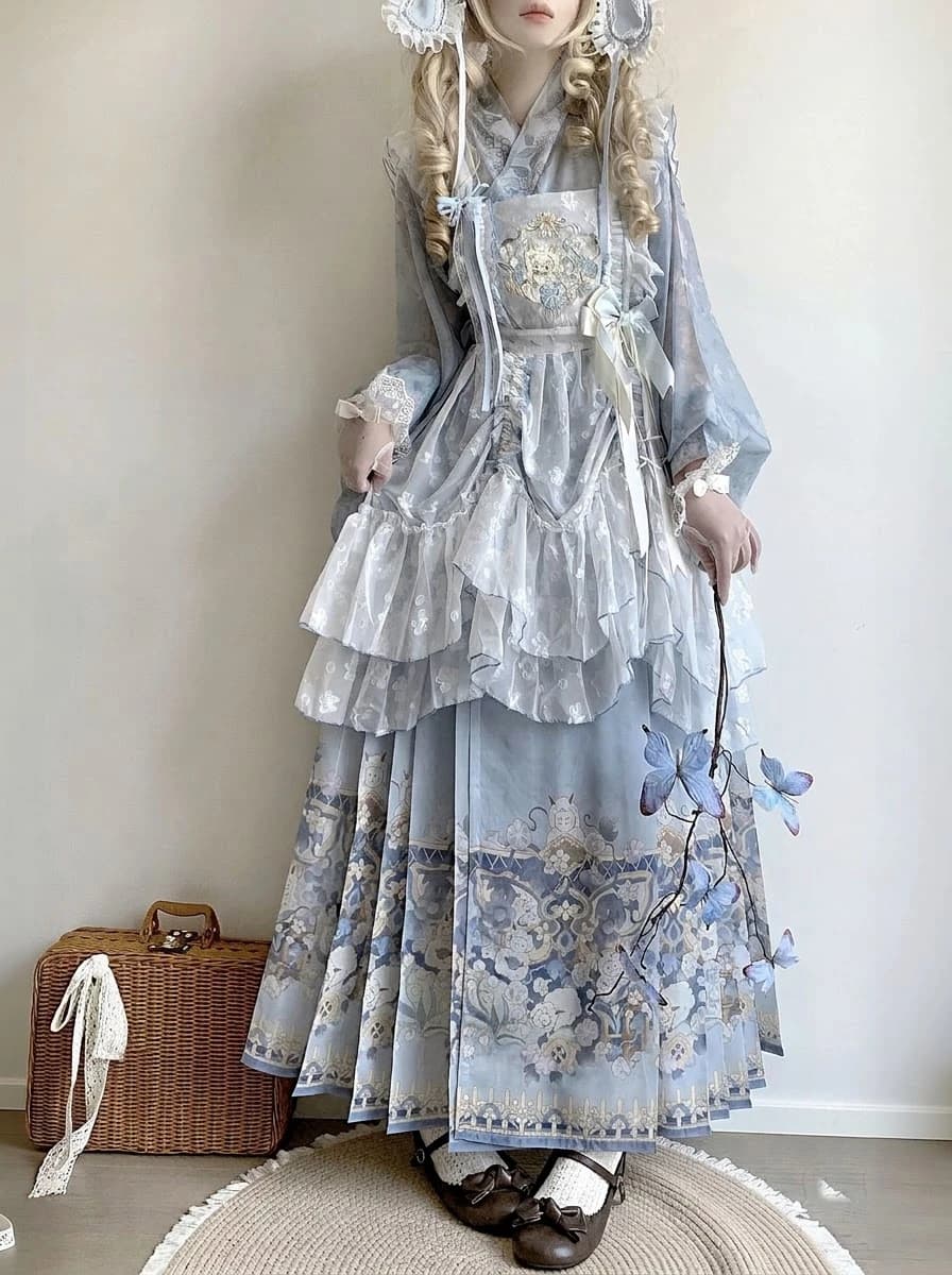 East Meets West Three-Piece Set in mist blue, full look